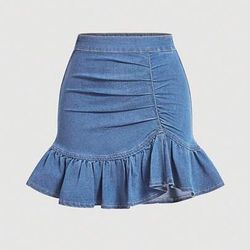 SHEIN Blue Denim Mini Skirt with Ruffles