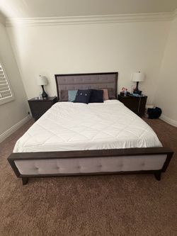 King Upholstered Bed Frame with Wood Trim