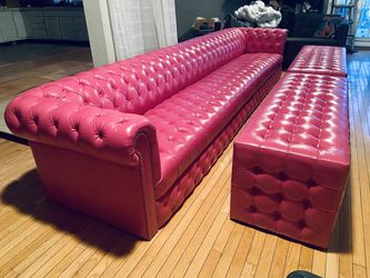 Rare & Unique!! 13 FT Pink Leather Chesterfield Tufted Sofa w/ Matching Ottomans