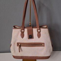 Dooney & Bourke Donegal Tote Leather Trimmed Ivory Brown Shoulder Bag Purse