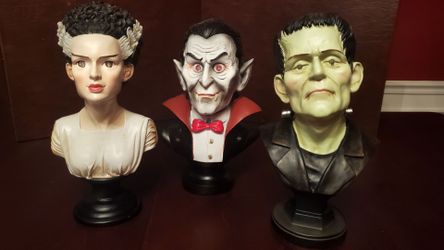 Halloween Monster Bust Collection – Frankenstein, Bride & Dracula – Light-Up Eyes