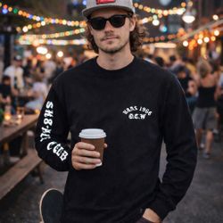 Vans Off The Wall SK8-Hi Club Long Sleeve Shirt Black Gothic Tattoo Logo Skater