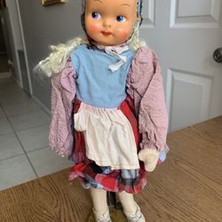 Vintage 14" POLISH Cloth Doll , Jointed Legs , Plastic Face on  Wood Stand