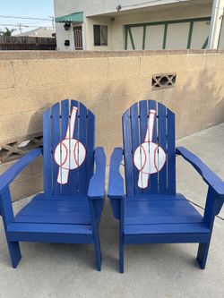 Bright and bold set of 2 wooden Adirondack chairs. Perfect for any backyard, patio, porch, or outdoor lounging area.  Pick up in Lawndale