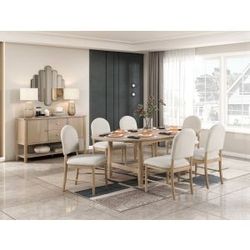 Brand new natural finish dining table (42 x 66 - 84 x 29.5H) + 6 biege linen chairs