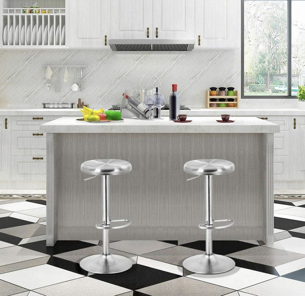 2 Brushed Stainless Steel Swivel Bar Stool Seat Adjustable Height Round Top Silver  Brand new in box. This post is for a set of 2. Retails for $180. Y