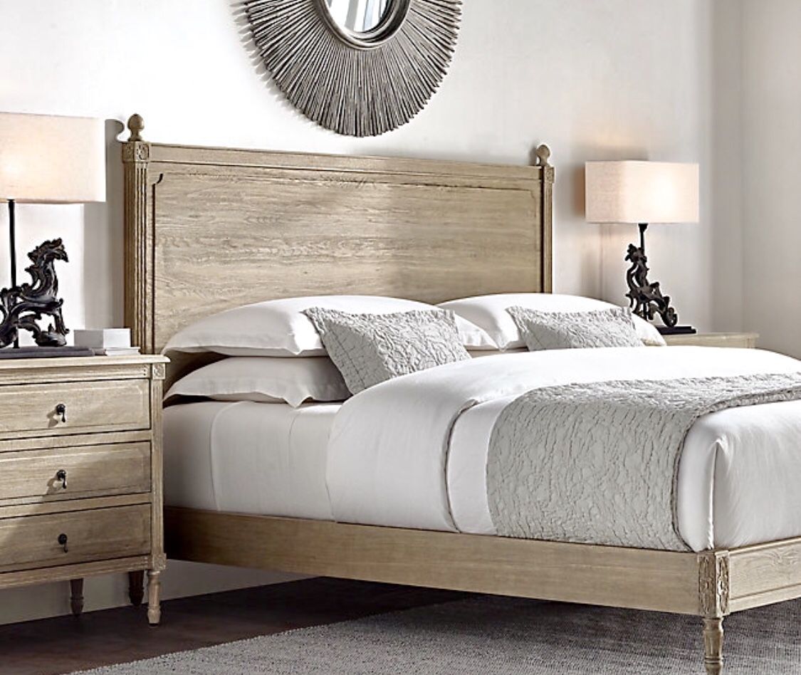 RESTORATION HARDWARE LOUIS XVI BED California King * Hand-carved fluting and rosettes Weathered Oak $2500++