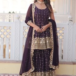 Wine Georgette Embroidery Sharara