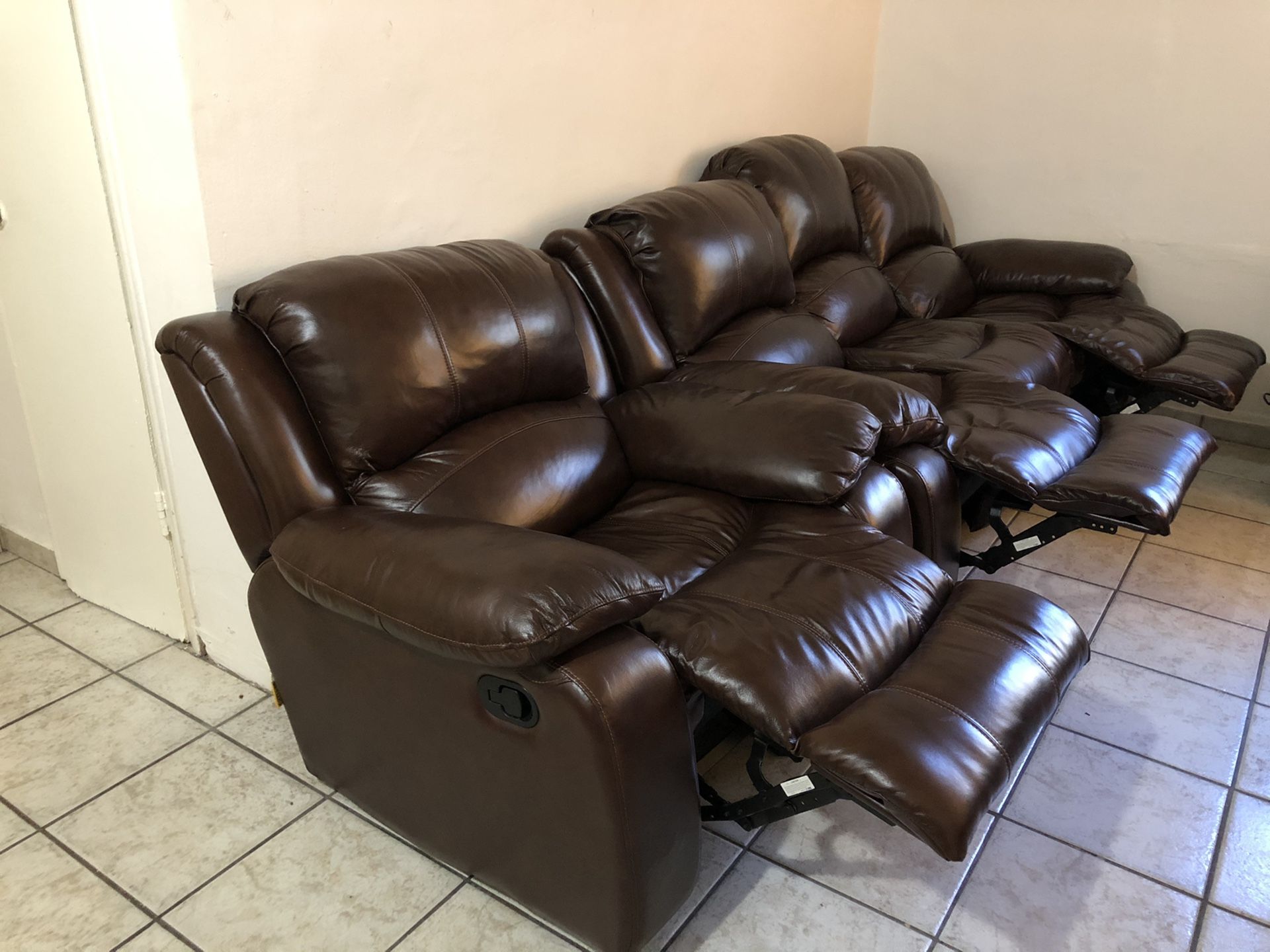 Genuine Leather Sofa Couch Reclines + Reclining Chair 1 yr old Like New - Dark Brown