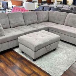 COSTCO Gray Chenille Sectional Couch And Ottoman