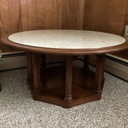 Coffee Table:  Heavy 38” Round wooden Table With Marble Top, New