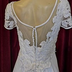wedding Dress See Thru Top Part Withpearl Beads &lace Flowers Size 12 Lace Flowers