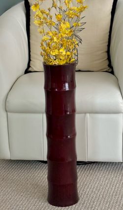 24” Red Lacquerware Spun Bamboo Decorative Floor Vase