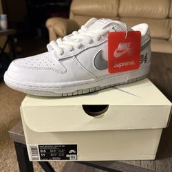 Supreme 94 x Nike Dunk Low SB. White Metallic Silver. Size 9.5 DS