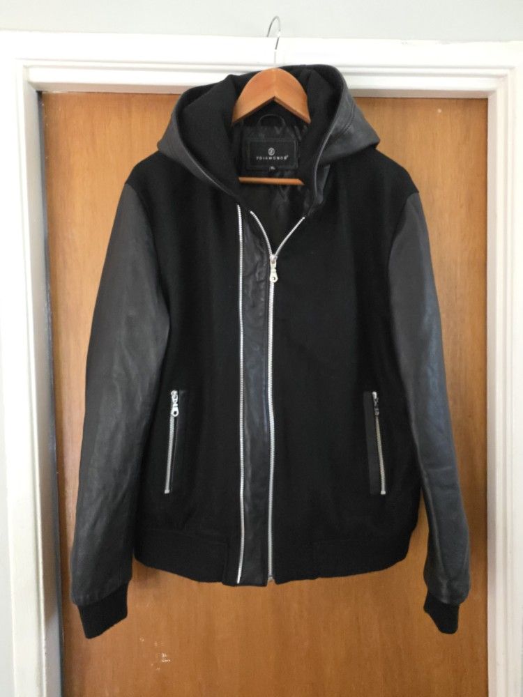 Men's Real Leather Jacket XL Slim Fit Wool Hoodie 