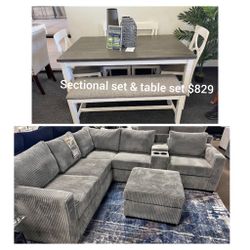 Sectional Sofa With Ottoman + 5-pc Dining Table set
