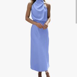 Sleeveless Cocktail Dresses Mock Neck Keyhole Elastic High Waist Wedding Guest Evening Party Maxi Dress(Solid Blue, XX-Large)