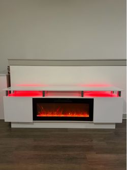 Modern White LED Electric Fireplace TV Stand / Entertainment Center