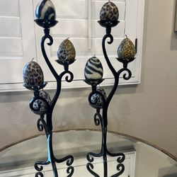 2 Candle Holders With Animal Print Candles 
