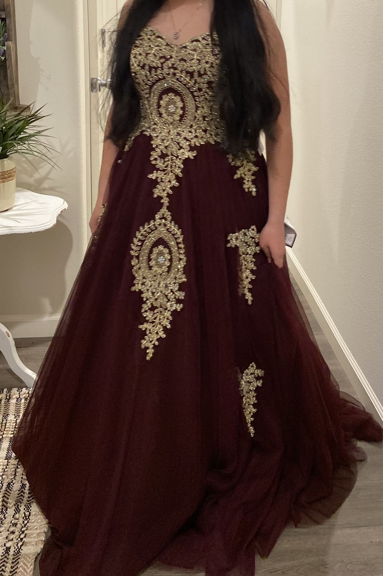 Burgundy and Gold Formal Prom Dress