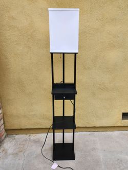 Modern Black Standing Shelf Floor Lamp with USB Ports & Drawer