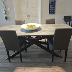Modern Concrete Dining Table with Steel Base + Leather Chairs