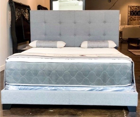 New Queen Size Grey Linen Bed Frame With Mattress And BoxSpring. (And Free Delivery)