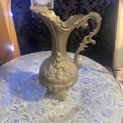 Vintage Italian Floral Embossed Metal Pitcher Vase Decor Footed Made in Italy 7"