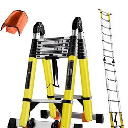 18FT A Frame Telescoping Ladder w. Balance Bars/Wheels/Tools Bar, Aluminum Extension Ladder Collapsible to 39" Portable Adjustable Foldable 7+7 Foot S