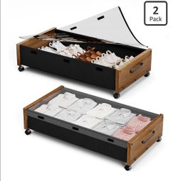 2 Pack Wooden Under Bed Storage with Wheels, Rolling Under the Bed Storage Bins with Removable Lid, Metal Under Bed Drawers for Clothes and Shoes in B