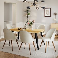Homy Casa Lancelot 7PC Dining Set 63” Oak Table with 6 Haven Beige Upholstered Chairs