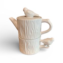 Bird Tea Set For One Stackable Chickadee Woodgrain Ceramic White Twos Company Vintage Teacup Teapot