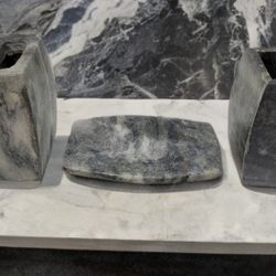 Genuine Grey Marble Bathroom Accessories set, Including a Toothbrush Holder, a Soap Dish, and a Tumbler