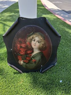 CARNATION GIRL COPYRIGHTED 1908 BY THE MEEK CO ANTIQUE TIN SIGN, ROLLED EDGES. ABSOLUTELY BEAUTIFUL ANTIQUE TIN SIGN....asking $150.00