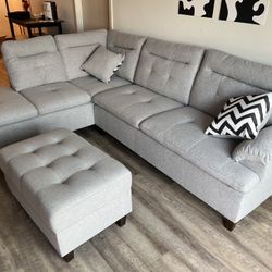 New Sectional W Storage Ottoman Storage.  Grey, Black Or Charcoal.  106” X 77”.  Free Delivery!