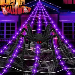 Halloween Decorations Outdoor, 200 LED Halloween Giant Spider Web Lights, 16.4Ft Lighted Spider Web Light up for Yard Haunted House Decor