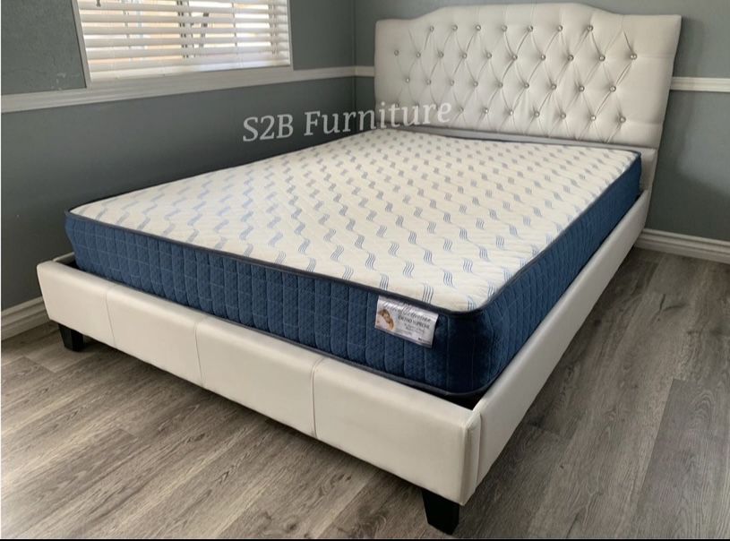 Queen White Crystal Button Bed With Ortho Matres Included 