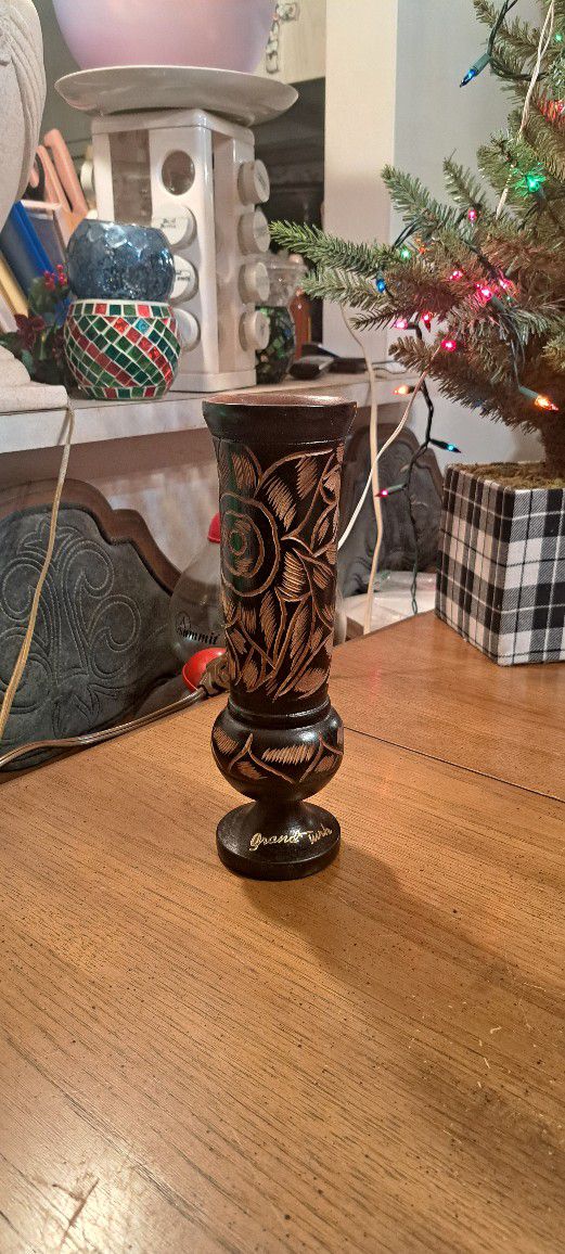 Hand Carved Black Wooden Vase W/Scroll Flower Design From Grand Turk
