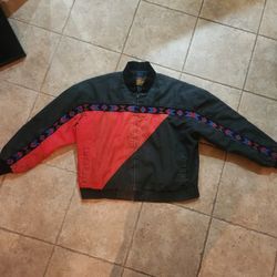 VIntage David James hand tailored red and black Aztec Santa Fe style bomber jacket