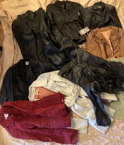 9 Nice Leather Jackets, Coat, Some Still New, Not Sold separately, Just in a Lot for Cheaper.  I have 14 Boxes of Nice mostly ladies jeans, all differ