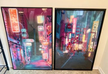 Pair of Framed Neon Japanese Street Posters – 24” x 36”