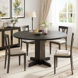 Garvee 47" Farmhouse Round Dining Table in Wood Grain Design with Wood Pedestal Base Suitable for 2-4 Peaple, Black