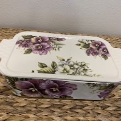 GRACE Purple flower Porcelain Bakeware w/ lid - Pretty Country Kitchen Cookware - Simi Valley