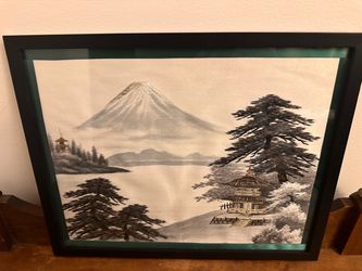 Vintage Japanese Silk Metallic Thread Embroidery Mount Fuji Pagoda Framed 14.75 x12