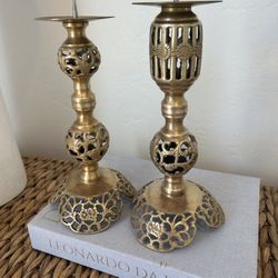 Pair 2 Solid Brass Ornate Candle Holder Mid Century Table Decor Mid Century 
