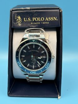 U.S. Polo Assn. Men’s Blue Diver-Style Analog Watch-Silver Metal Band