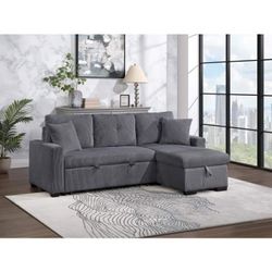 GRAY FABRIC SECTIONAL SOFA STORAGE REVERSIBLE CHAISE PULL-OUT BED - SILLON CAMA