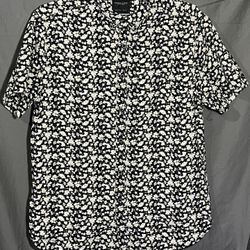 Denim & Flower Ricky Singh Button Up White Floral Print On Black Large