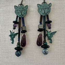 Catherine Medeiros & Thomas Holloway Boutique Artist Earrings – Cat & Hummingbird with Amethyst & Stones