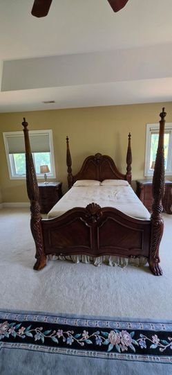 Ornate Carved Wood Bedroom Set (7 pc) – Marble Top Nightstands & Dresser, 4-Poster Bed